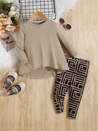 مجموعة بنطلونات بناتية رائعة وعارضة، مكونة من ملابس علوية صوفي بأكمام طويلة وألوان صلبة وبنطال بنمط هندسي