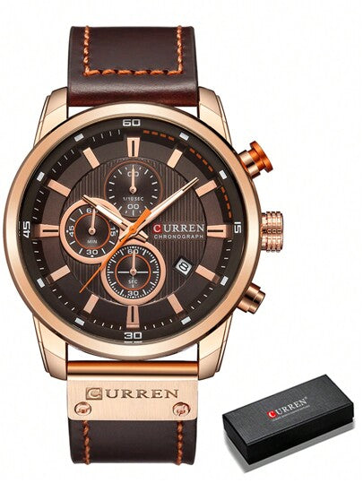 Curren 1قطعة ساعة كوارتز رقمية بعقارب التاريخ ذات إطار دائري بسير بولي يوريثان بني، كديكور يومي أو كهدية للطلاب في العودة إلى المدرسة