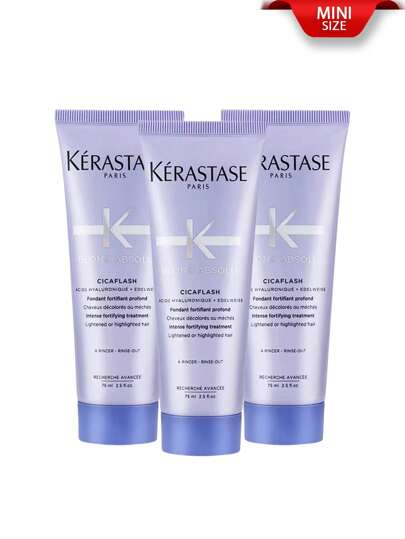 Kérastase كيراستاس [ميني] بلوند أبسولو سيكافلاش معزز بحمض الهيالورونيك للشعر الأشقر 75مل * 3. مناسب لجميع أنواع الشعر الأشقر، المبيض، المحفز والتالف. يصلح ويغذي ويحمي من التقصف ويحتوي على حمض الهيالورونيك