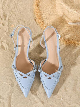 On feet& in love أحذية كعب عالي نسائية أنيقة موديل خريف/شتاء 2025، ذات رباط متقاطع وكعب إبرة مدبب وفتحة على شكل V مع إبزيم، مناسبة للفساتين والزفاف، أنيقة، أحذية كعب نسائية، أنيقة