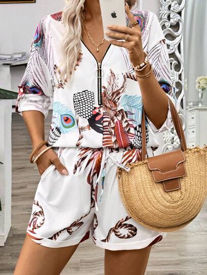 EMERY ROSE مجموعة نسائية من فستانين: قميص عاري الذراعين بنصف سحاب وسروال عريض مطبوع بطابع عارضة الأزياء