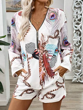 EMERY ROSE مجموعة نسائية من فستانين: قميص عاري الذراعين بنصف سحاب وسروال عريض مطبوع بطابع عارضة الأزياء