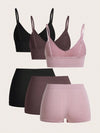Shein Underwear&Sleepwear Basics مجموعة لانجري  سروال داخلي و حمالة صدر إستوائية باللون الصلب بدون درزات يحتوي على 6 قطع
