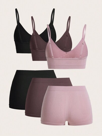 Shein Underwear&Sleepwear Basics مجموعة لانجري  سروال داخلي و حمالة صدر إستوائية باللون الصلب بدون درزات يحتوي على 6 قطع