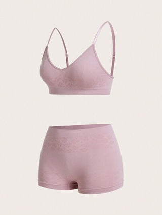 Shein Underwear&Sleepwear Basics مجموعة لانجري  سروال داخلي و حمالة صدر إستوائية باللون الصلب بدون درزات يحتوي على 6 قطع