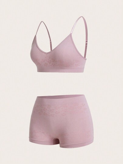 Shein Underwear&Sleepwear Basics مجموعة لانجري  سروال داخلي و حمالة صدر إستوائية باللون الصلب بدون درزات يحتوي على 6 قطع