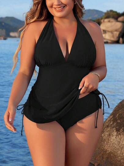 Swim Lushoire مجموعة تانكيني سوداء للأحجام الكبيرة مع حمالة رباط من الجوانب وقطعة أسفل، ملابس سباحة كبيرة الحجم للصيف