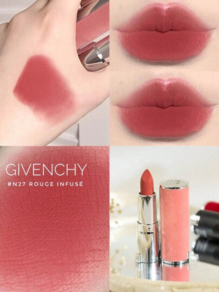 Givenchy [جيفنشي] مني لي روج شيير فيلفت ماتي أحمر شفاه #N27 1.5جم / أحمر شفاه ماتي مضبب / الأحمر الجديد الماتي المضبب في عبوة مخملية وردية قابلة لإعادة التعبئة. تشطيب خفيف ، نتائج طويلة الأمد