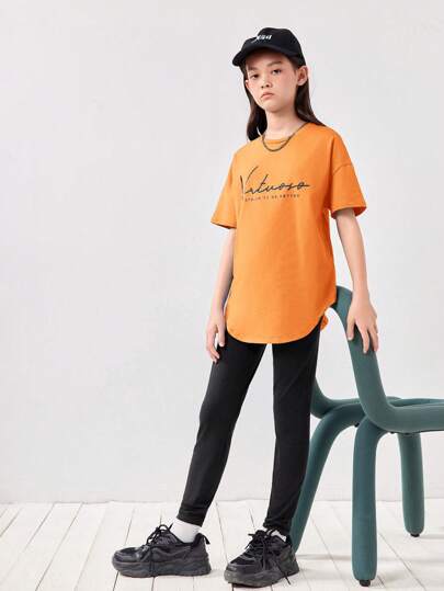 girls-sets مجموعة فتاة مراهقة شبه ثابتة مكونة من ملابس علوية فضفاض بأكمام منسدلة وطباعة حرف كلية وبنطلون، لباس عادي قطعتين