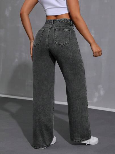 SHEIN ICON سروال دينيم واسع الساقين للنساء بقَصَّة فضفاضة مريحة مع جيوب