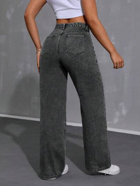 SHEIN ICON سروال دينيم واسع الساقين للنساء بقَصَّة فضفاضة مريحة مع جيوب
