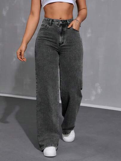 SHEIN ICON سروال دينيم واسع الساقين للنساء بقَصَّة فضفاضة مريحة مع جيوب
