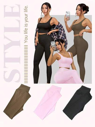 SHEIN Sport Studio طقم رياضة اليوغا للنساء المكون من ست قطع، سترة مربعة الياقة ضيقة والسراويل ذات الخصر العالي، بدلة تمارين الجري واللياقة البدنية، ملابس علوية أساسية مثيرة لرفع المؤخرة وسراويل تمارين رياضية للنساء
