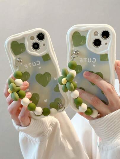 قطعة واحدة كفر هاتف سيليكون ناعم مع سلسلة خرز على شكل قلب أخضر لأجهزة iPhone 16 15 14 13 12 11 برو ماكس بلس Xو Xs و Xr ، غطاء خلفي ناعم