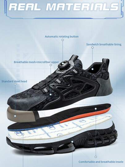 بوت عمل ذات إبزيم دوار، بوت رياضية مضادة للتهشيم بنقاط حماية من الصلب، بوت عمل مريحة بوسادة هوائية، بوت عمل للرجال مُنفِّسة ومضادة للثقب