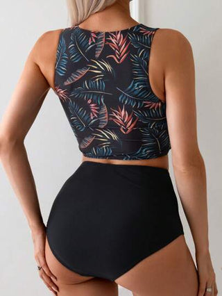 طقم تانكيني حريمي Swim Lushoire طقم ملابس علوية دون أكمام بطبعة ورقية وبكامي وشورت سباحة لأسلوب العطلات الصيفية للنساء
