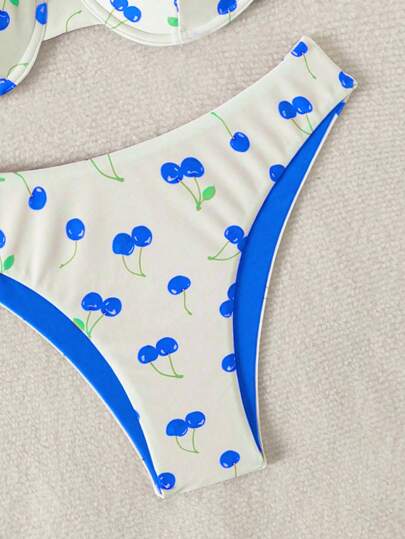 Swim طقم سلسلة حمالة صدر ذات دعامة وسروال بكيني مطبوع برسومات الكرز، صيفي