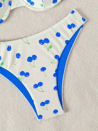 Swim طقم سلسلة حمالة صدر ذات دعامة وسروال بكيني مطبوع برسومات الكرز، صيفي