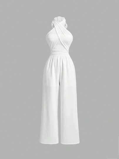 SHEIN MOD جمبسوت بطول كامل نسائية ربطة الرقبة مكشكشة مصنوعة من الأثواب مضفرة مطاطية، بأرجل واسعة، بيضاء اللون، بذلات رومبر نسائية