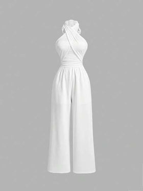 SHEIN MOD جمبسوت بطول كامل نسائية ربطة الرقبة مكشكشة مصنوعة من الأثواب مضفرة مطاطية، بأرجل واسعة، بيضاء اللون، بذلات رومبر نسائية