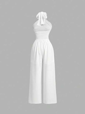 SHEIN MOD جمبسوت بطول كامل نسائية ربطة الرقبة مكشكشة مصنوعة من الأثواب مضفرة مطاطية، بأرجل واسعة، بيضاء اللون، بذلات رومبر نسائية