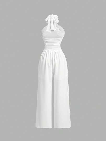 SHEIN MOD جمبسوت بطول كامل نسائية ربطة الرقبة مكشكشة مصنوعة من الأثواب مضفرة مطاطية، بأرجل واسعة، بيضاء اللون، بذلات رومبر نسائية