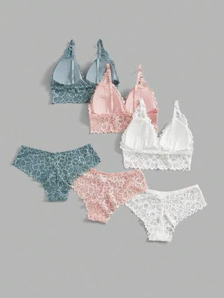 Shein Underwear&Sleepwear Basics مجموعة لانجري صدرية وملابس داخلية من الدانتيل الصلب 3 مجموعات
