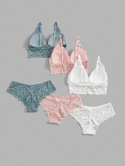 Shein Underwear&Sleepwear Basics مجموعة لانجري صدرية وملابس داخلية من الدانتيل الصلب 3 مجموعات