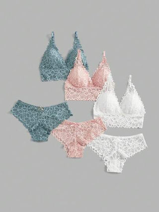 Shein Underwear&Sleepwear Basics مجموعة لانجري صدرية وملابس داخلية من الدانتيل الصلب 3 مجموعات