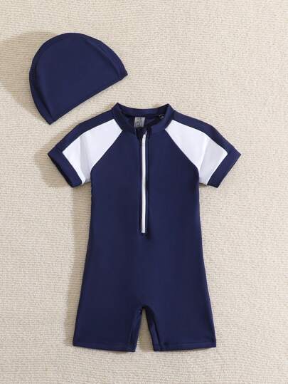 بذلة سباحة قطعة واحدة للأطفال الذكور مع طبعات ملونة وسحاب أمامي وقبعة سباحة