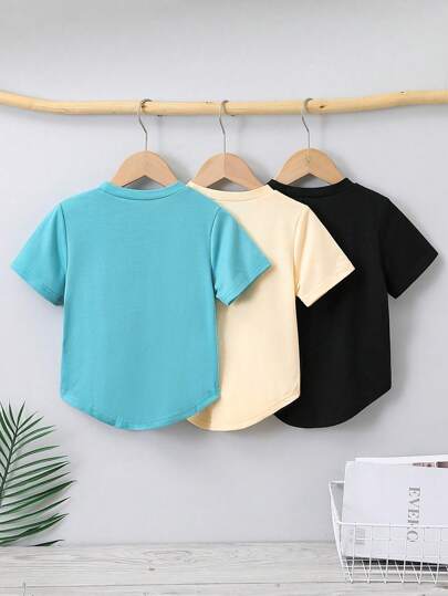 SHEIN طقم تيشرت فضفاض مريح للأولاد الصغار 3 قطع، طباعة الدب البسمة والكرتون، أسلوب رياضي وكاجوال، مناسب للربيع والصيف والخريف، مريح ومتعدد الاستخدامات، للأولاد في عمر 4-7 سنوات، مناسب للمدرسة والرياضة