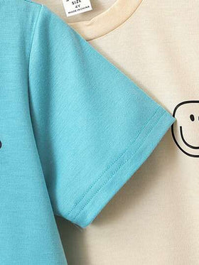 SHEIN طقم تيشرت فضفاض مريح للأولاد الصغار 3 قطع، طباعة الدب البسمة والكرتون، أسلوب رياضي وكاجوال، مناسب للربيع والصيف والخريف، مريح ومتعدد الاستخدامات، للأولاد في عمر 4-7 سنوات، مناسب للمدرسة والرياضة