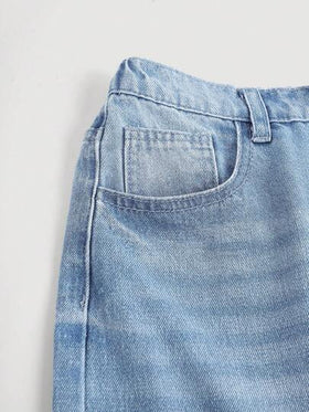 SHEIN Girlism بنطال جينز بفتحات واسع للساق وأرجل واسعة مع جيوب، ملابس صيفية غير رسمية لفتيات المراهقات بقصة فضفاضة، أطقم جينز داخل أوقات الاستراحة الصيفية