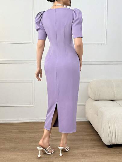 فساتين حريمي Modelyn فستان صيفي طويل أنيق أحادي اللون بأكمام منتفخة فساتين مسائية طويلة للنساء