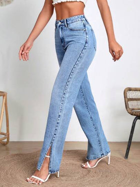 SHEIN Frenchy بنطلون جينز ذو قَصّة مستقيمة بحاشية مُقسَّمة للإطلالة العصرية
