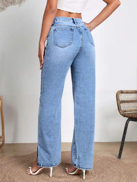 SHEIN Frenchy بنطلون جينز ذو قَصّة مستقيمة بحاشية مُقسَّمة للإطلالة العصرية