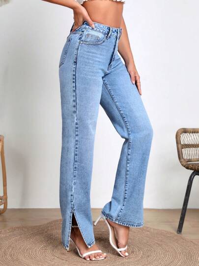 SHEIN Frenchy بنطلون جينز ذو قَصّة مستقيمة بحاشية مُقسَّمة للإطلالة العصرية