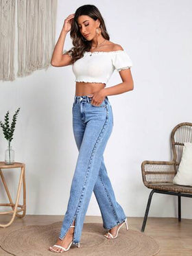 SHEIN Frenchy بنطلون جينز ذو قَصّة مستقيمة بحاشية مُقسَّمة للإطلالة العصرية