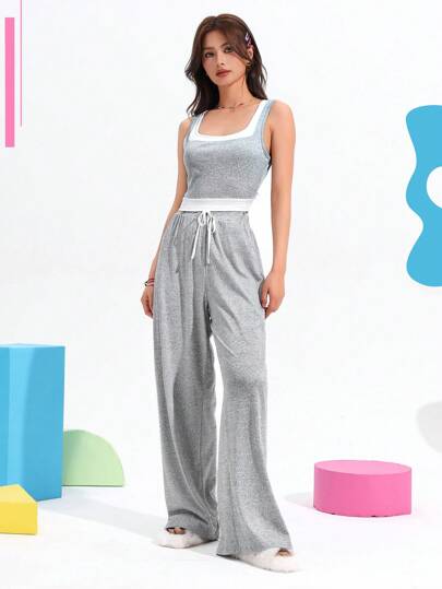 Chillnights مجموعة لباس منزلي صيفية للسيدات عبارة عن ملابس علوية أكمام بدون أكمام برقبة دائرية وبنطلون طويل برباط وعلامة حجم وتدرجات الألوان