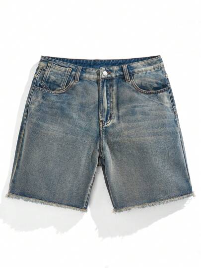 Manfinity Denimwave شورتات جينز كاجوال مستقيمة بتجهير بسيط للخروج للرجال من قماش الدنيم الأزرق الفاتح، وشورتات جينز واسعة مهترئة باللون الأزرق الداكن، هدايا للزوج والصديق