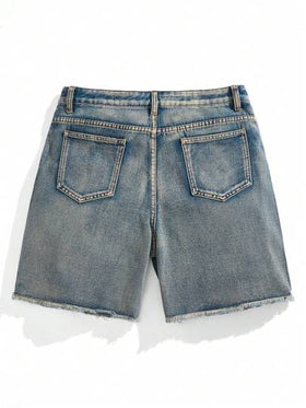 Manfinity Denimwave شورتات جينز كاجوال مستقيمة بتجهير بسيط للخروج للرجال من قماش الدنيم الأزرق الفاتح، وشورتات جينز واسعة مهترئة باللون الأزرق الداكن، هدايا للزوج والصديق