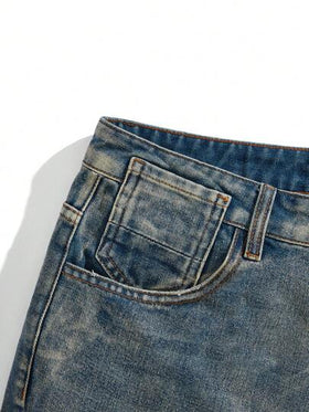 Manfinity Denimwave شورتات جينز كاجوال مستقيمة بتجهير بسيط للخروج للرجال من قماش الدنيم الأزرق الفاتح، وشورتات جينز واسعة مهترئة باللون الأزرق الداكن، هدايا للزوج والصديق