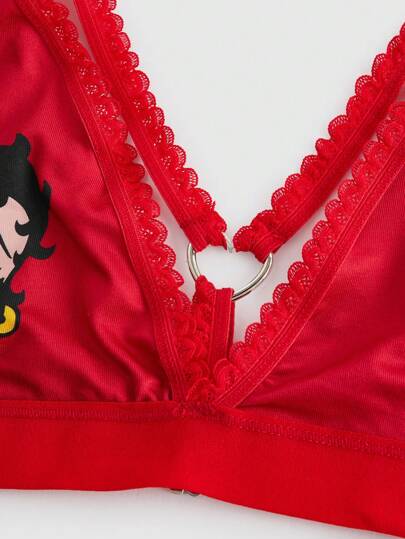Betty Boop | ROMWE حلقة معدنية حمراء مطبوعة بشكل كرتوني للحمالة سلكية 1قطعة