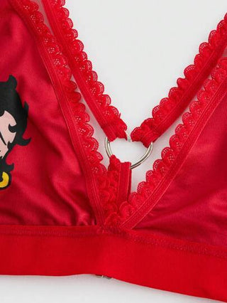 Betty Boop | ROMWE حلقة معدنية حمراء مطبوعة بشكل كرتوني للحمالة سلكية 1قطعة