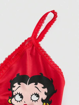Betty Boop | ROMWE حلقة معدنية حمراء مطبوعة بشكل كرتوني للحمالة سلكية 1قطعة