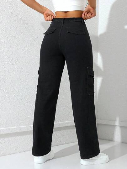 EZwear بنطلون كارجو أسود بساق مستقيمة وجيب سحاب على الجانب