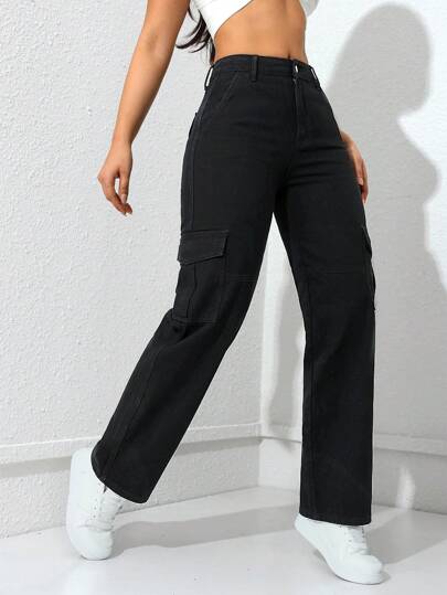 EZwear بنطلون كارجو أسود بساق مستقيمة وجيب سحاب على الجانب