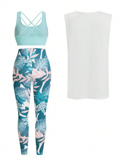 SHEIN Sport Studio طقم رياضي يتكون من سترة رياضية بطباعة حرفية للسيدات و جيب بطباعة استوائية وصدرية، طقم رياضي للسيدات يشمل الجيب