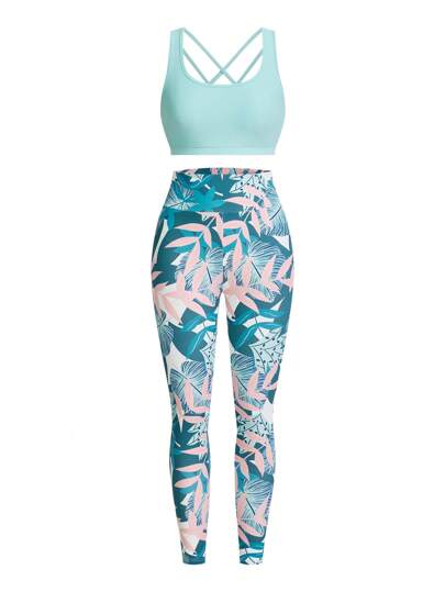 SHEIN Sport Studio طقم رياضي يتكون من سترة رياضية بطباعة حرفية للسيدات و جيب بطباعة استوائية وصدرية، طقم رياضي للسيدات يشمل الجيب