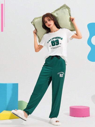 Chillnights سترة قصيرة وأكمام طاقم العنق وبنطلون نمط كلمات نسائي للصيف، مجموعة بيجاما